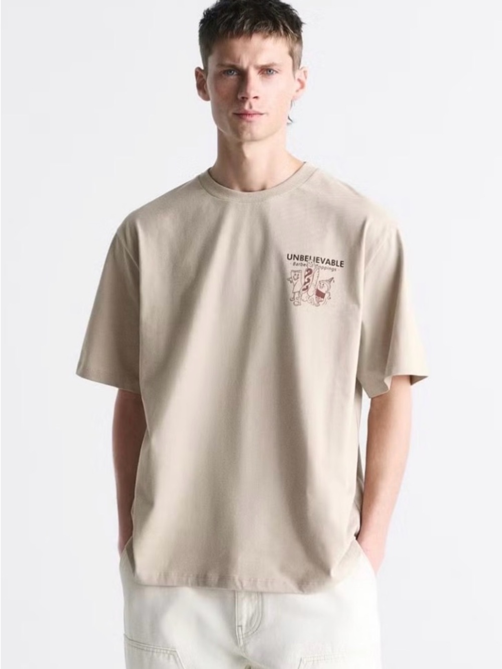 Zara Men's Beige Barbecue Cotton Crewneck T-Shirt